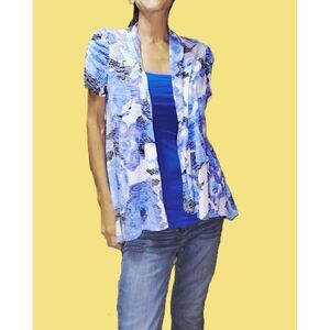 New Directions ~ Blue White Floral Layering Top ~ Large ~ Open Front